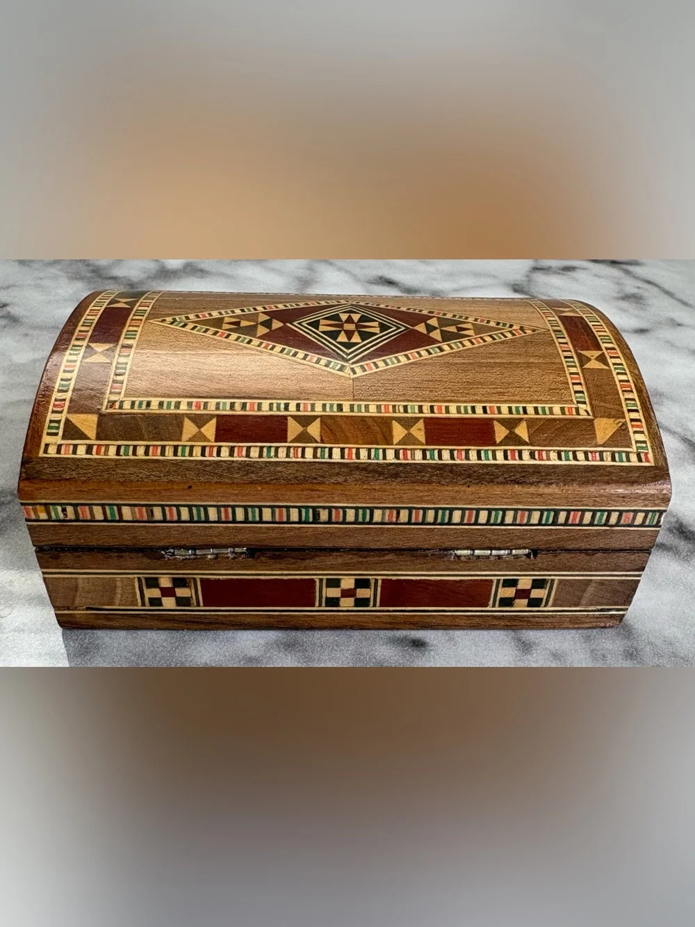 Vintage Geometric Mosaic Inlaid Wood Jewelry Box Red Velvet